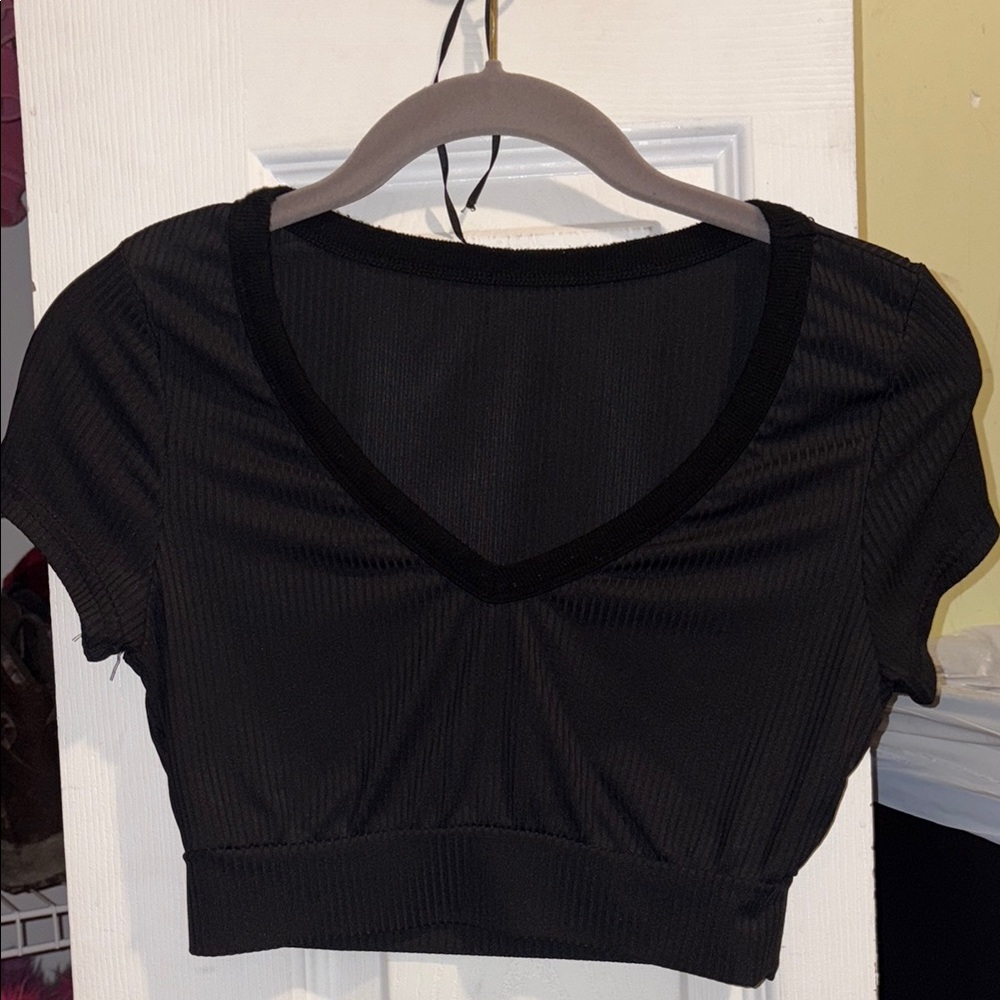 Black V-Neck Ribbed Women's Top